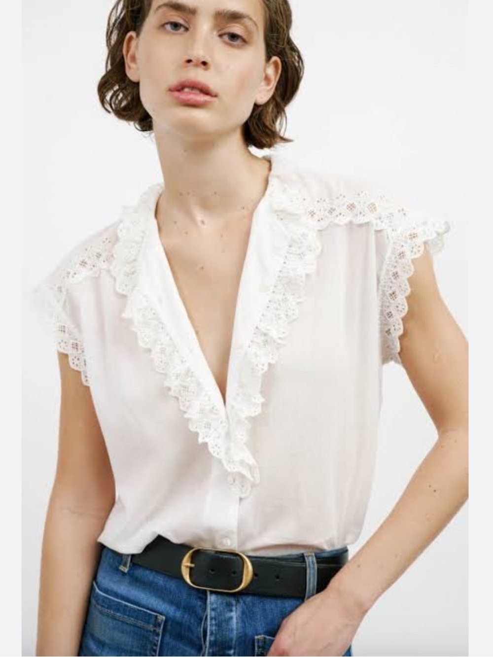 Nili Lotan Ivory Lace-Trim Button Front Blouse